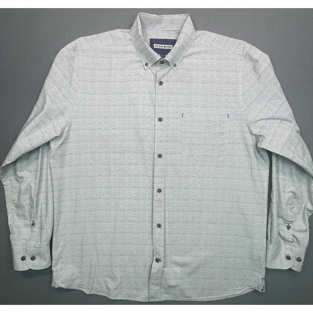 32 Bar Blues Shirt Mens Large White Gray Plaid Button Down Long Sleeve Textured